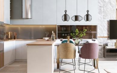 A large, open plan kitchen, dining and living area which is modern and clean
