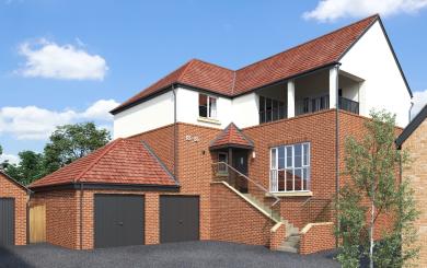 Exterior of a large house with terrace, driveway and double garage