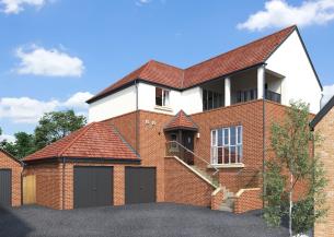 Exterior of a large house with terrace, driveway and double garage